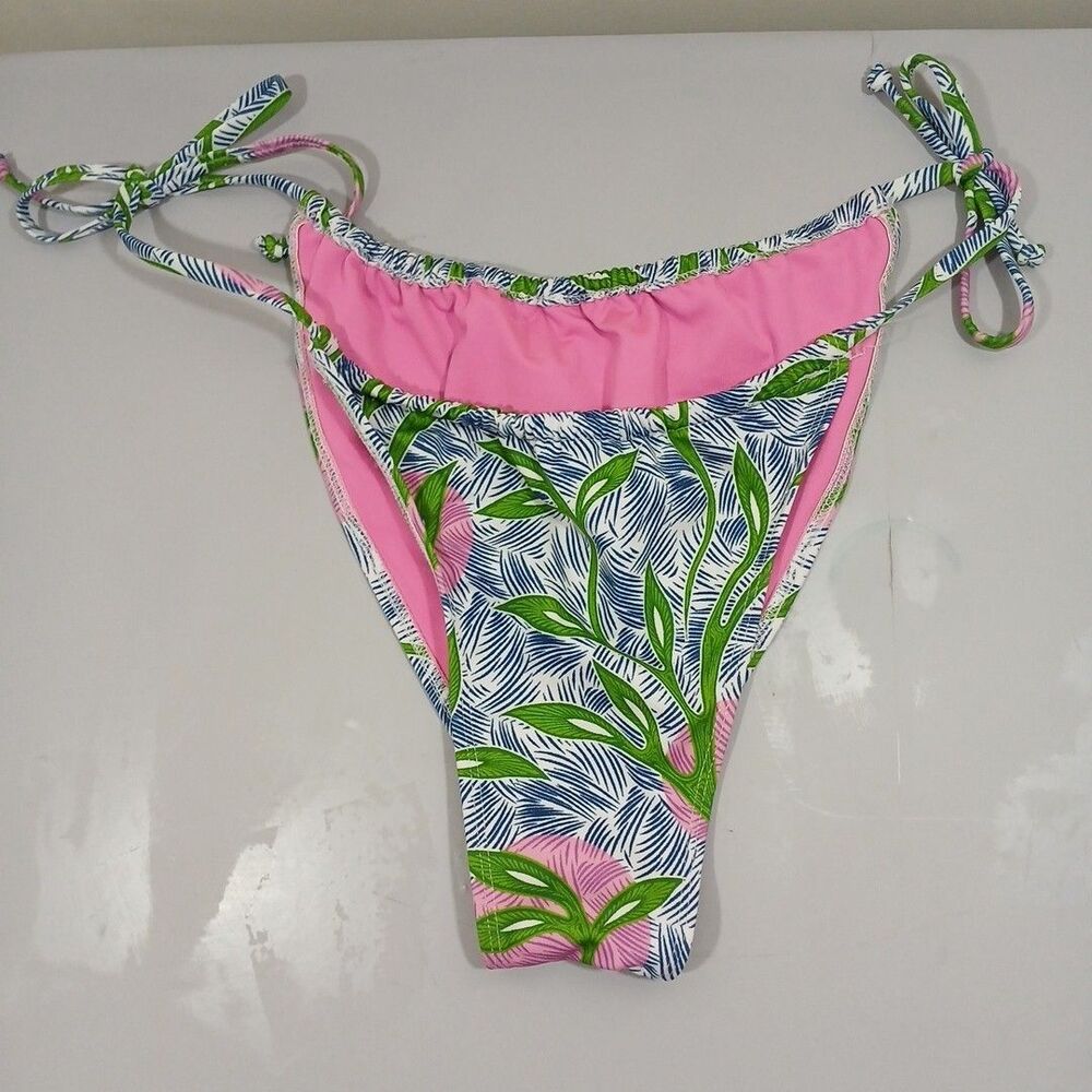 Womens Highwaisted String Bikini Bottom Tropical Pink & Green Size M/L